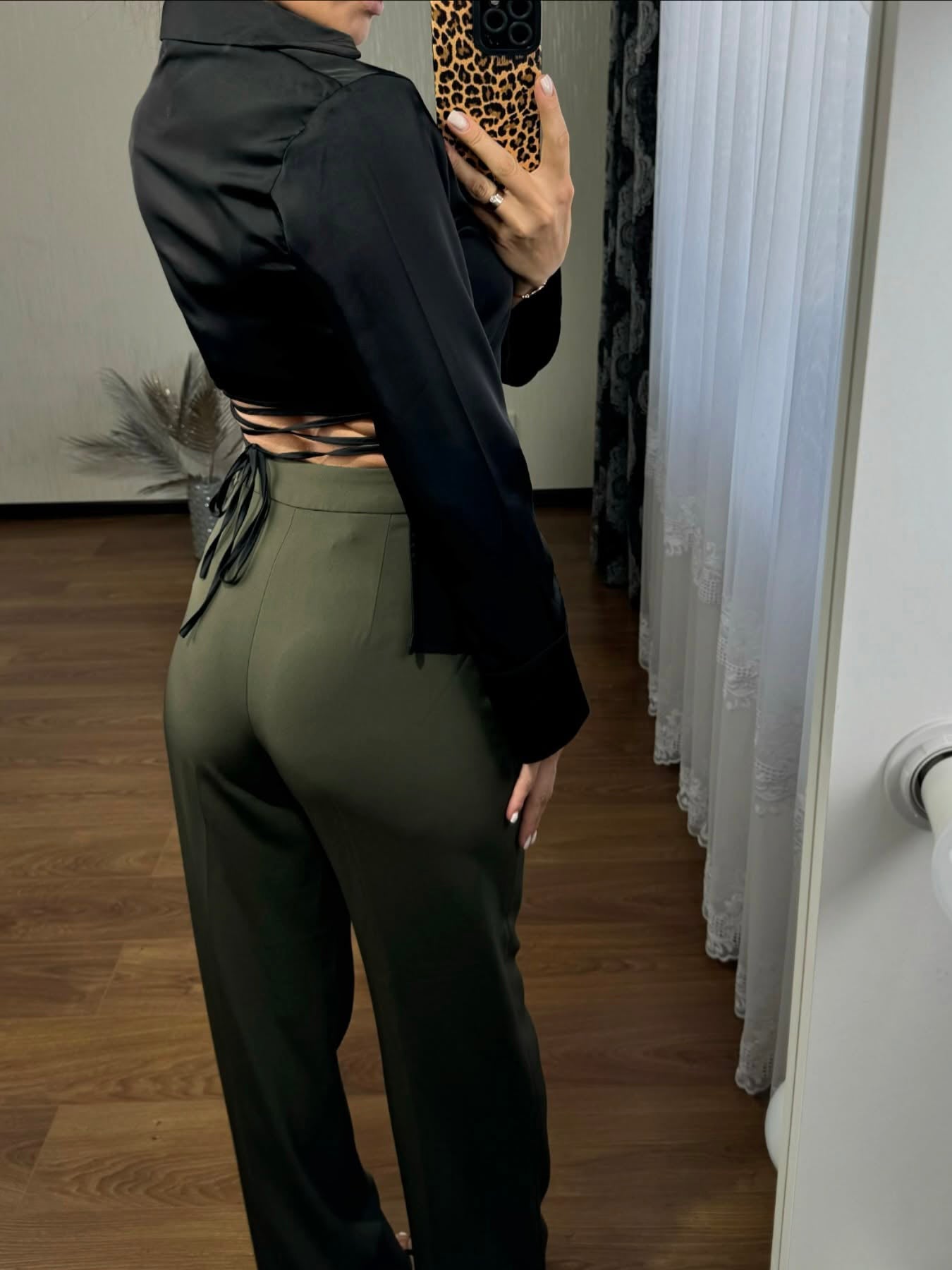 Black Satin Backless Lace-up Shirt NorixaFashion.com