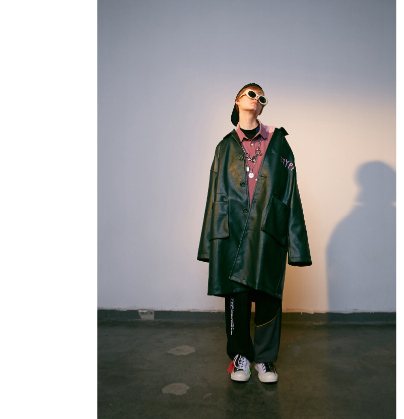 Men's Long Color Block Printed Leather Jacket Pi-Mart