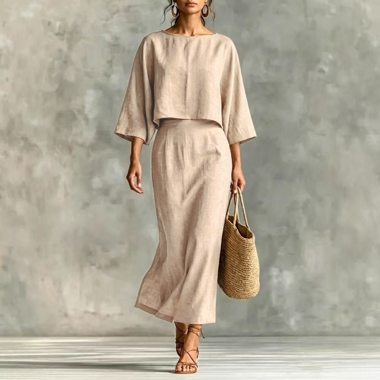 High Waisted Long Skirt Set With A Round Neck Three Quarter Sleeved Loose Fitting Womens Top NorixaFashion.com