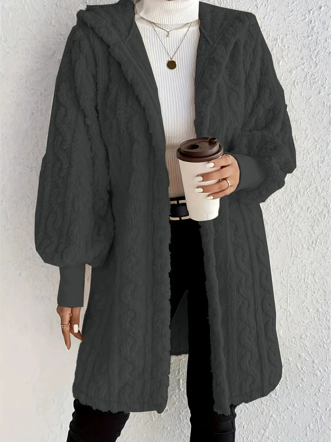 Hooded Double-sided Plush Cuff Thread Long Coat NorixaFashion.com