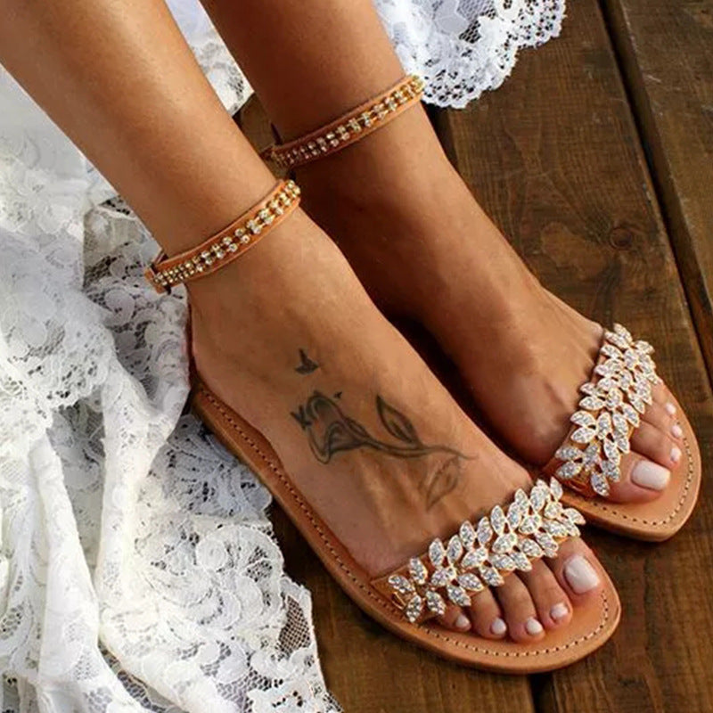 New Women's Word Buckle Strap Fashion Rhinestone Flat Large Size Sandals LadyShow.Store