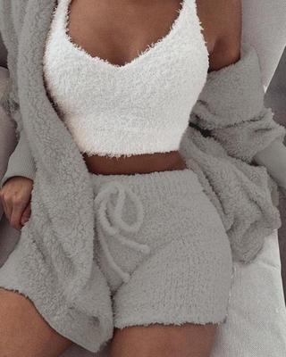3pcs Womens Clothing Long Sleeve Crop Tank Top And Drawstring Shorts Pajama Set NorixaFashion.com