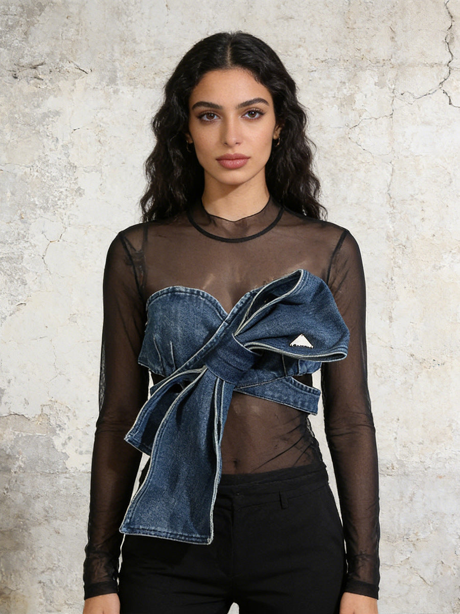 Denim Bow Mesh Overlay Top NorixaFashion.com