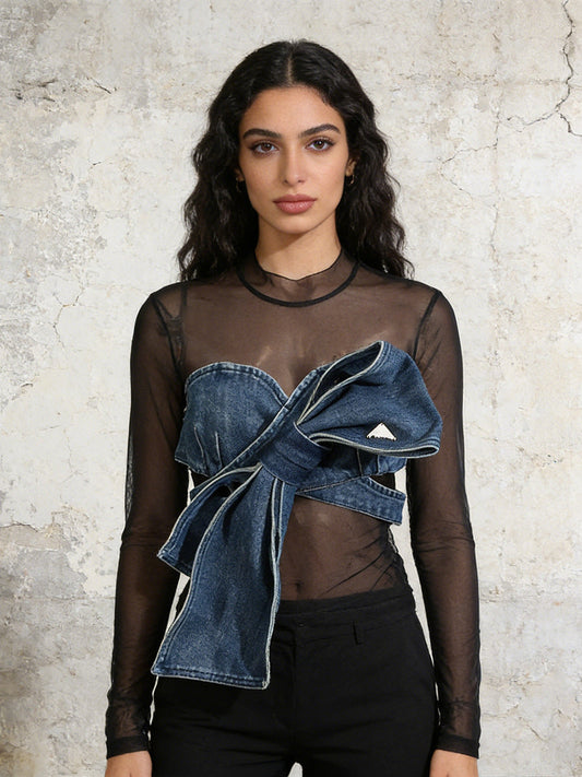 Denim Bow Mesh Overlay Top NorixaFashion.com