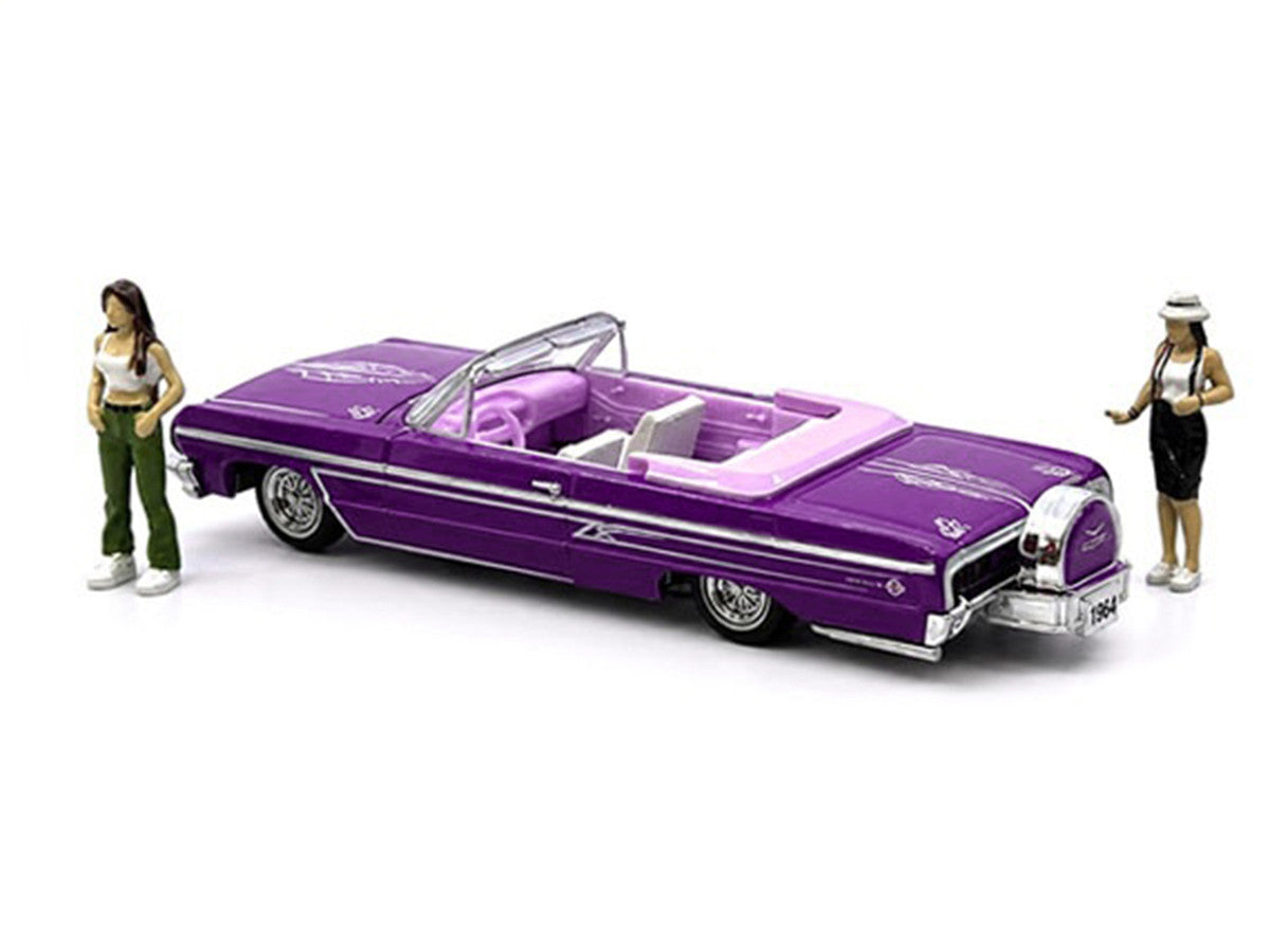 1964 Chevrolet Impala SS 409 Convertible Purple Metallic with Purple and White Interior with 2 Figures Limited Edition to 4950 pieces Worldwide 1/64 Diecast Models by M2 Machines LuxuryLifeWay Online Store