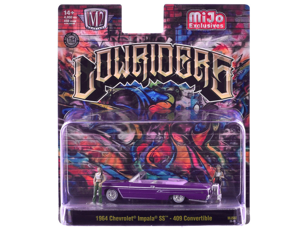 1964 Chevrolet Impala SS 409 Convertible Purple Metallic with Purple and White Interior with 2 Figures Limited Edition to 4950 pieces Worldwide 1/64 Diecast Models by M2 Machines LuxuryLifeWay Online Store