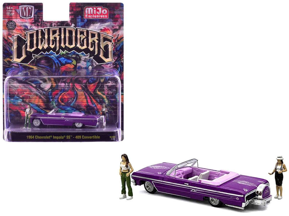 1964 Chevrolet Impala SS 409 Convertible Purple Metallic with Purple and White Interior with 2 Figures Limited Edition to 4950 pieces Worldwide 1/64 Diecast Models by M2 Machines LuxuryLifeWay Online Store