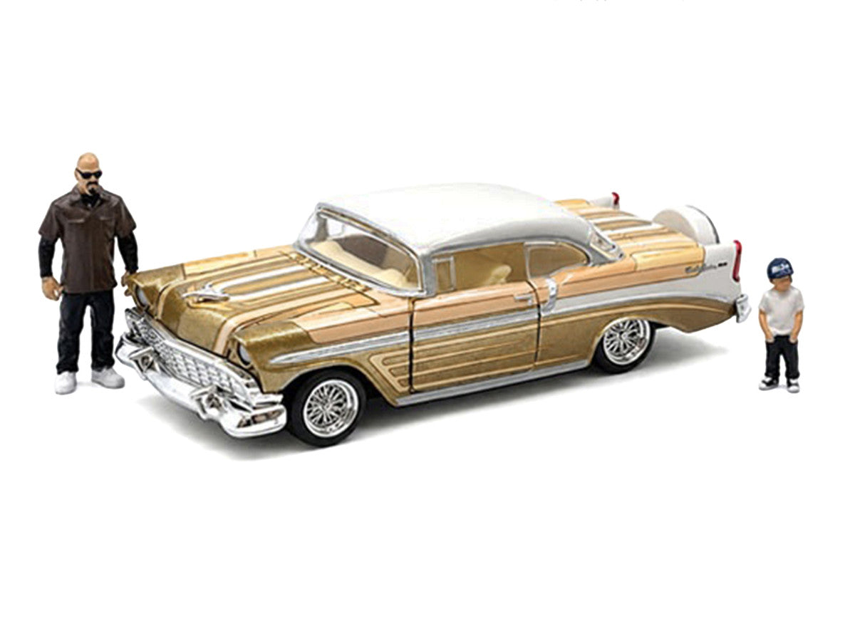 1956 Chevrolet Bel Air Lowrider Gold Metallic with Gold Interior and White Top with 2 Figures Limited Edition to 4400 pieces Worldwide 1/64 Diecast Model Car by M2 Machines LuxuryLifeWay Online Store