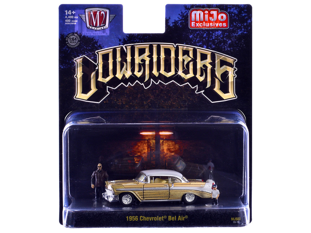 1956 Chevrolet Bel Air Lowrider Gold Metallic with Gold Interior and White Top with 2 Figures Limited Edition to 4400 pieces Worldwide 1/64 Diecast Model Car by M2 Machines LuxuryLifeWay Online Store