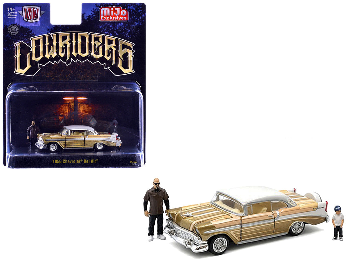 1956 Chevrolet Bel Air Lowrider Gold Metallic with Gold Interior and White Top with 2 Figures Limited Edition to 4400 pieces Worldwide 1/64 Diecast Model Car by M2 Machines LuxuryLifeWay Online Store