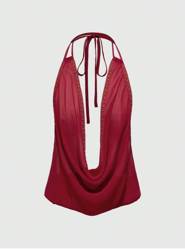 Solid-color Top With Studs Sexy Womens Clothing LadyShow.Store