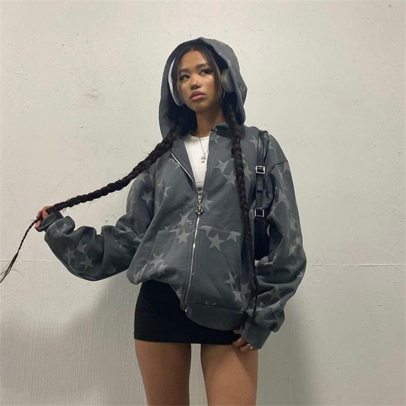 Stars Printed Zipper Hooded Cardigan Couple Fashion Outerwear Hoodies Sweatshirt Street Men Women Coat LadyShow.Store