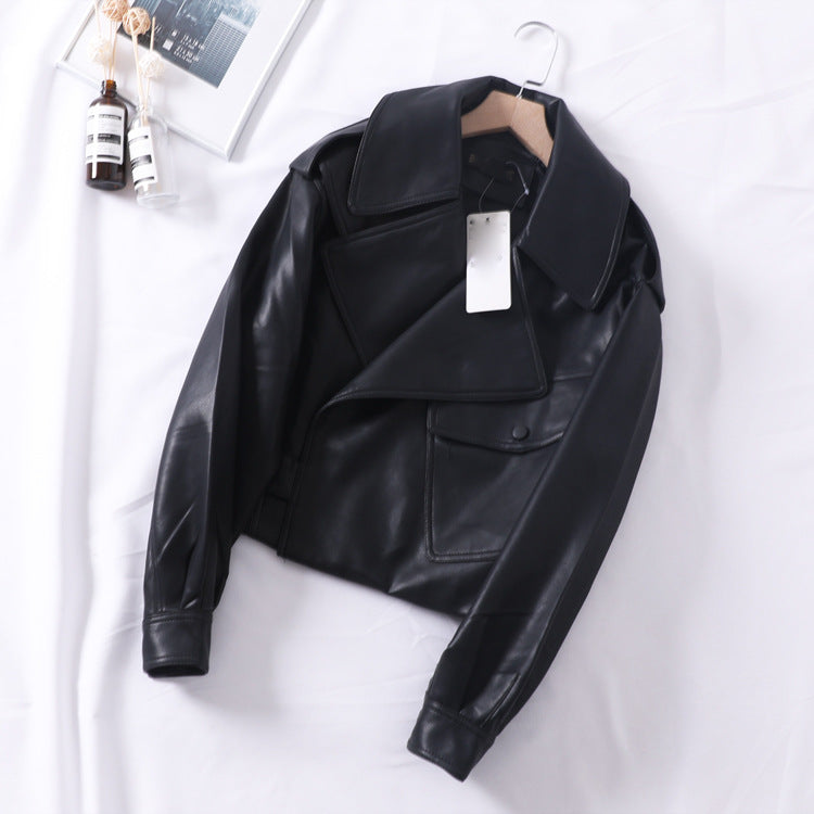 Loose cropped leather jacket motorcycle jacket CJD