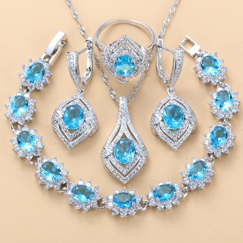 Inlaid Gemstone Pendant Earrings Necklace And Ring For Women 4 PCs Set LadyShow.Store