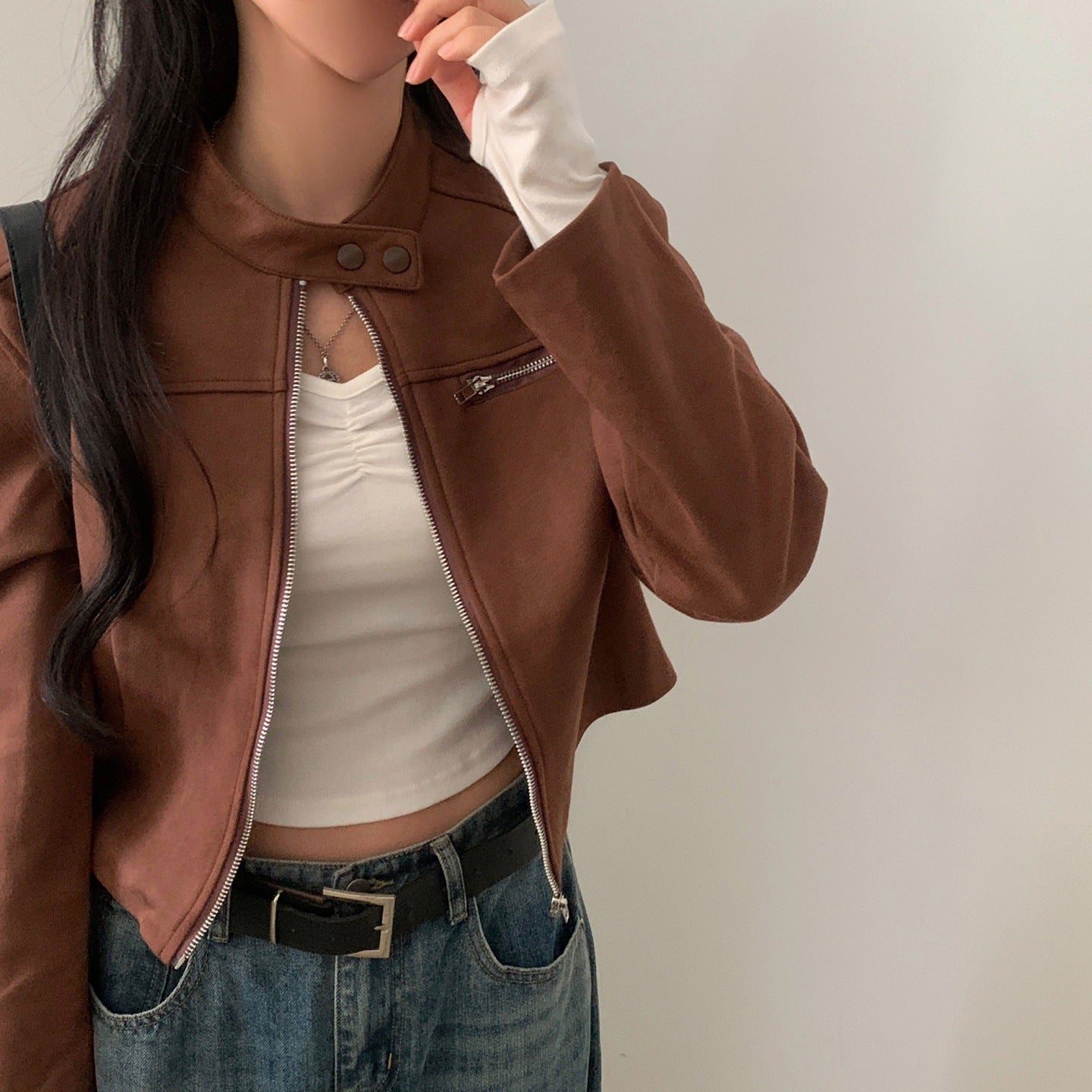High Waist Short Jacket Suede Motorcycle Top LadyShow.Store