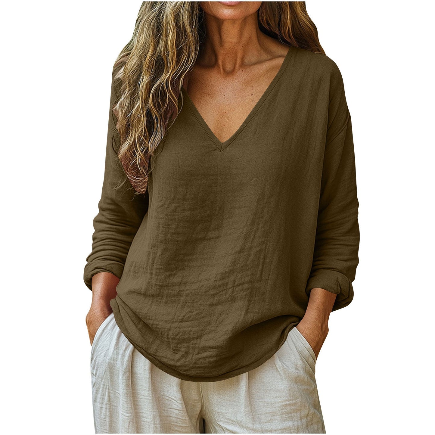 Fashionable Cotton-Linen Long-Sleeve V-Neck Top NorixaFashion.com