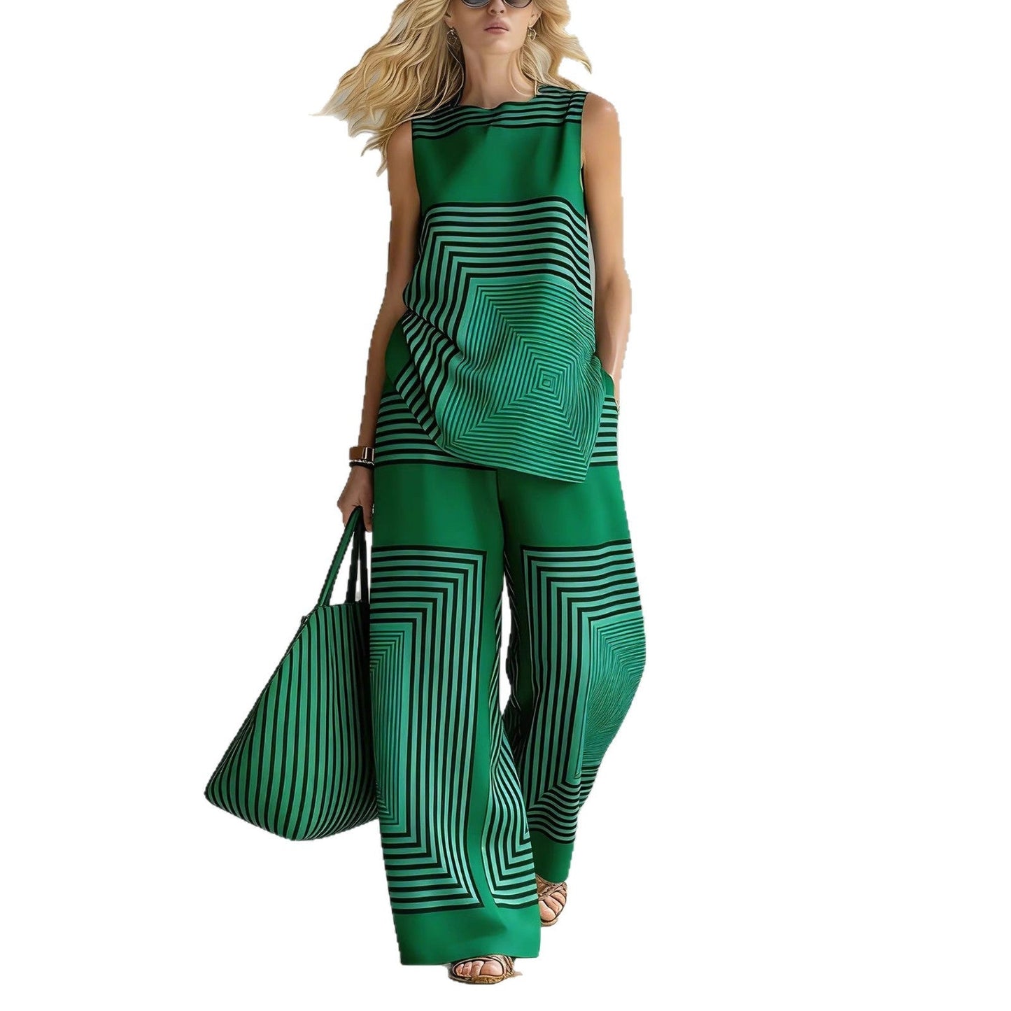 Lightweight Geometric Striped Sleeveless Top And Wide-leg Pants NorixaFashion.com