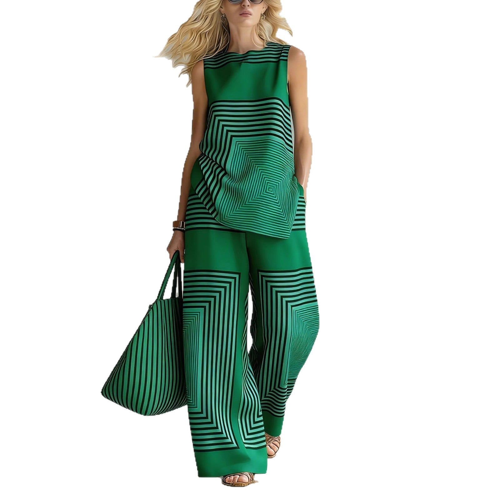 Lightweight Geometric Striped Sleeveless Top And Wide-leg Pants NorixaFashion.com