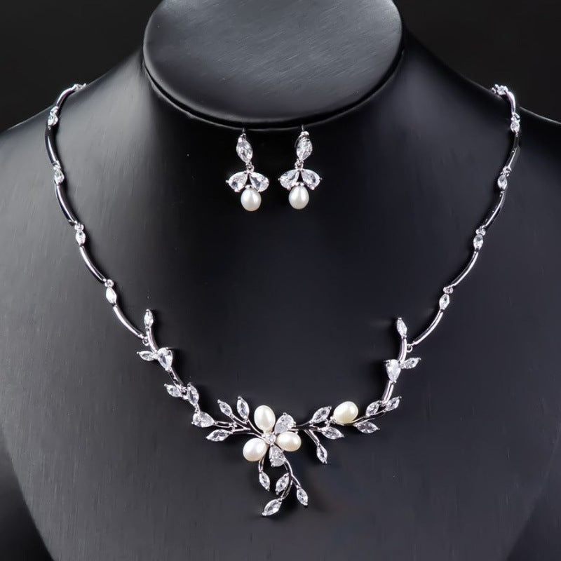Sweet Pearl Zircon Ear Stud Necklace Jewelry Suit LadyShow.Store