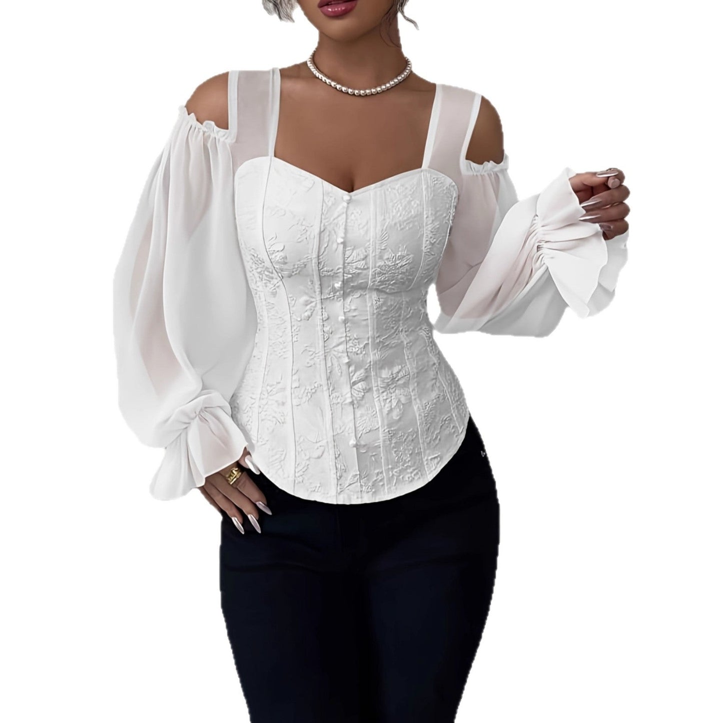 Elegant Off-Shoulder Floral Jacquard Blouse For Women LadyShow.Store