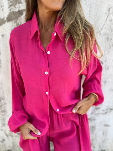 2pcs Loose Long-sleeved Shirt Suit With Lapel Button Tops And Elasticated Shorts Fashion Casual Clothing For Women NorixaFashion.com