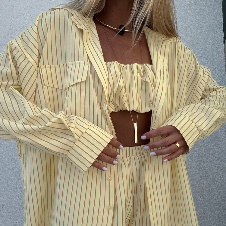 Women's Striped 3 Piece Outfit Set&Oversized Button Down Shirt&Crop Tube Top&Elastic Shorts&Yellow Casual Loungewear NorixaFashion.com