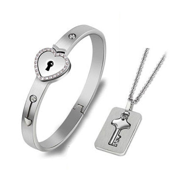 Stainless Steel Love Heart Lock Bangle Bracelet Pi-Mart