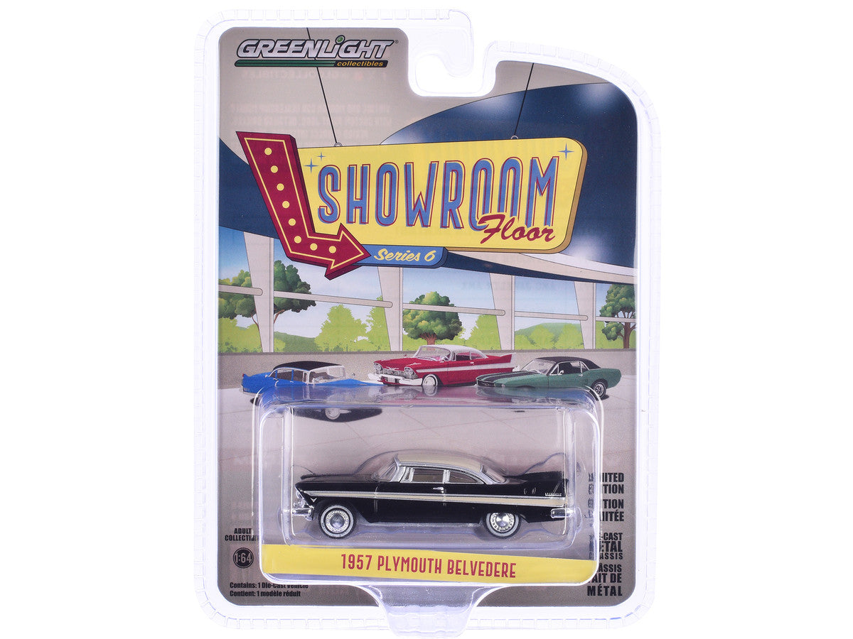 1957 Plymouth Belvedere Jet Black with Sand Dune White Top and Stripes "Showroom Floor" Series 6 1/64 Diecast Model Car by Greenlight LuxuryLifeWay Online Store