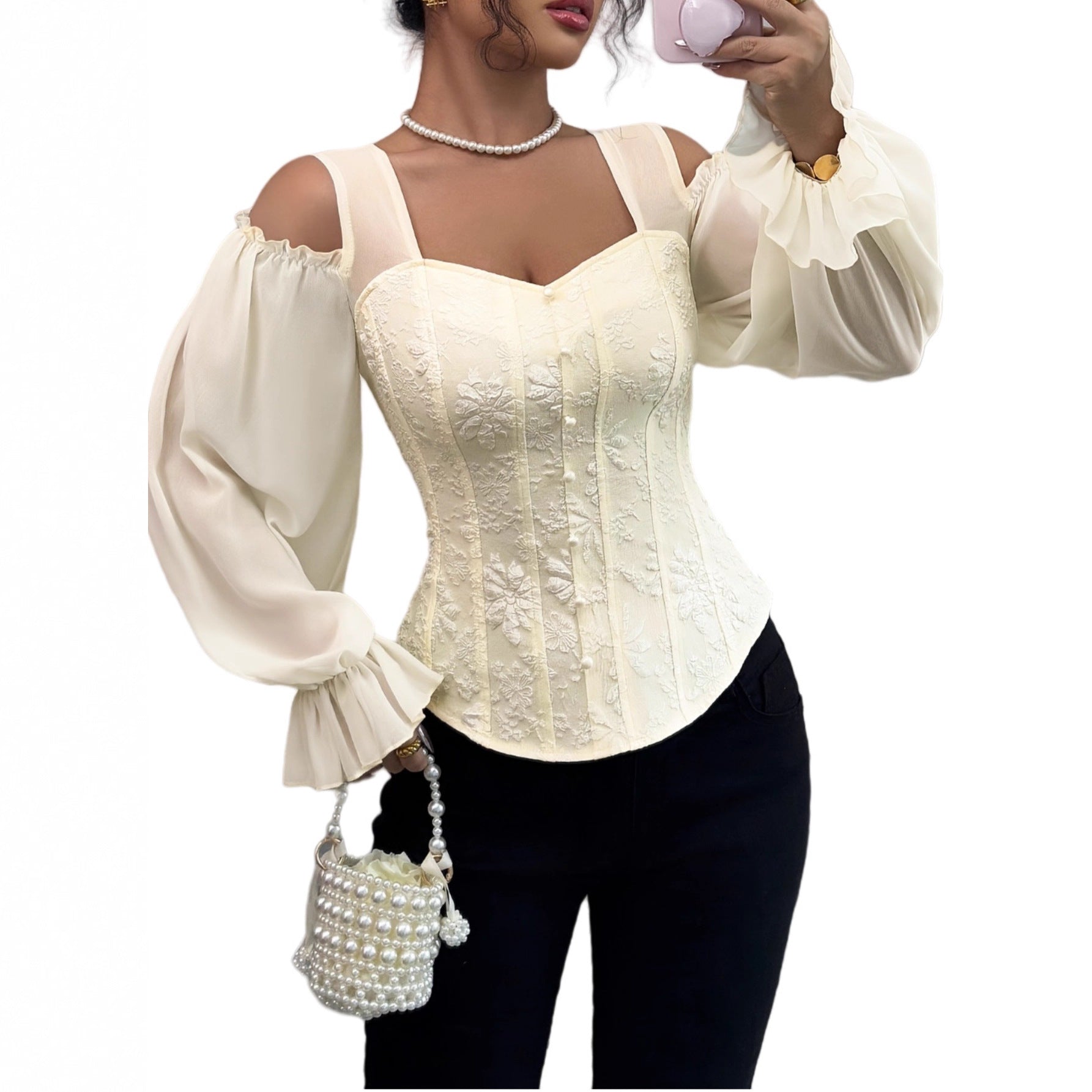 Elegant Off-Shoulder Floral Jacquard Blouse For Women LadyShow.Store