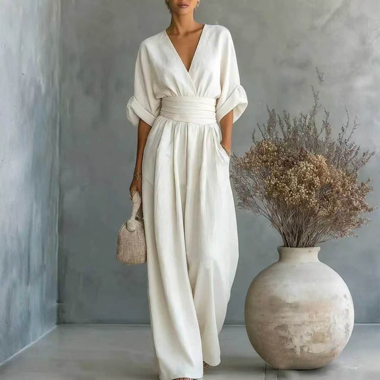 Elegant Waist-cinching V-neck Slimming Chic Jumpsuit For Women NorixaFashion.com