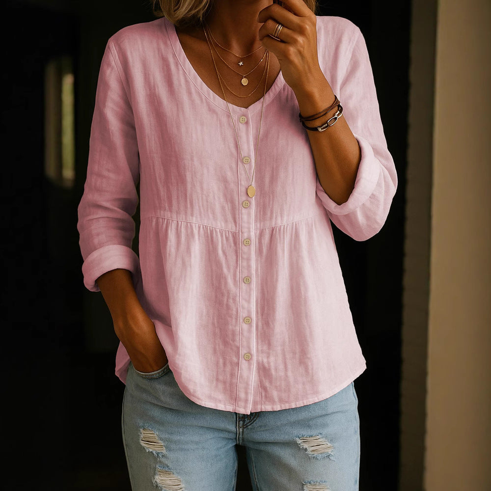 Casual Loose Fashion Cotton And Linen Long Sleeve V-neck Buttons Shirt NorixaFashion.com