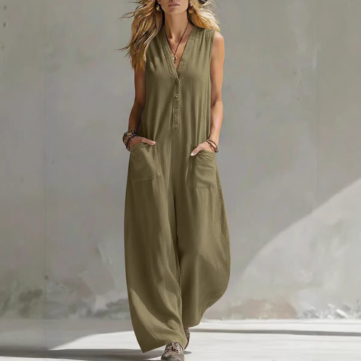 SpringSummer Womens Casual Linen-Cotton Sleeveless Jumpsuit LadyShow.Store