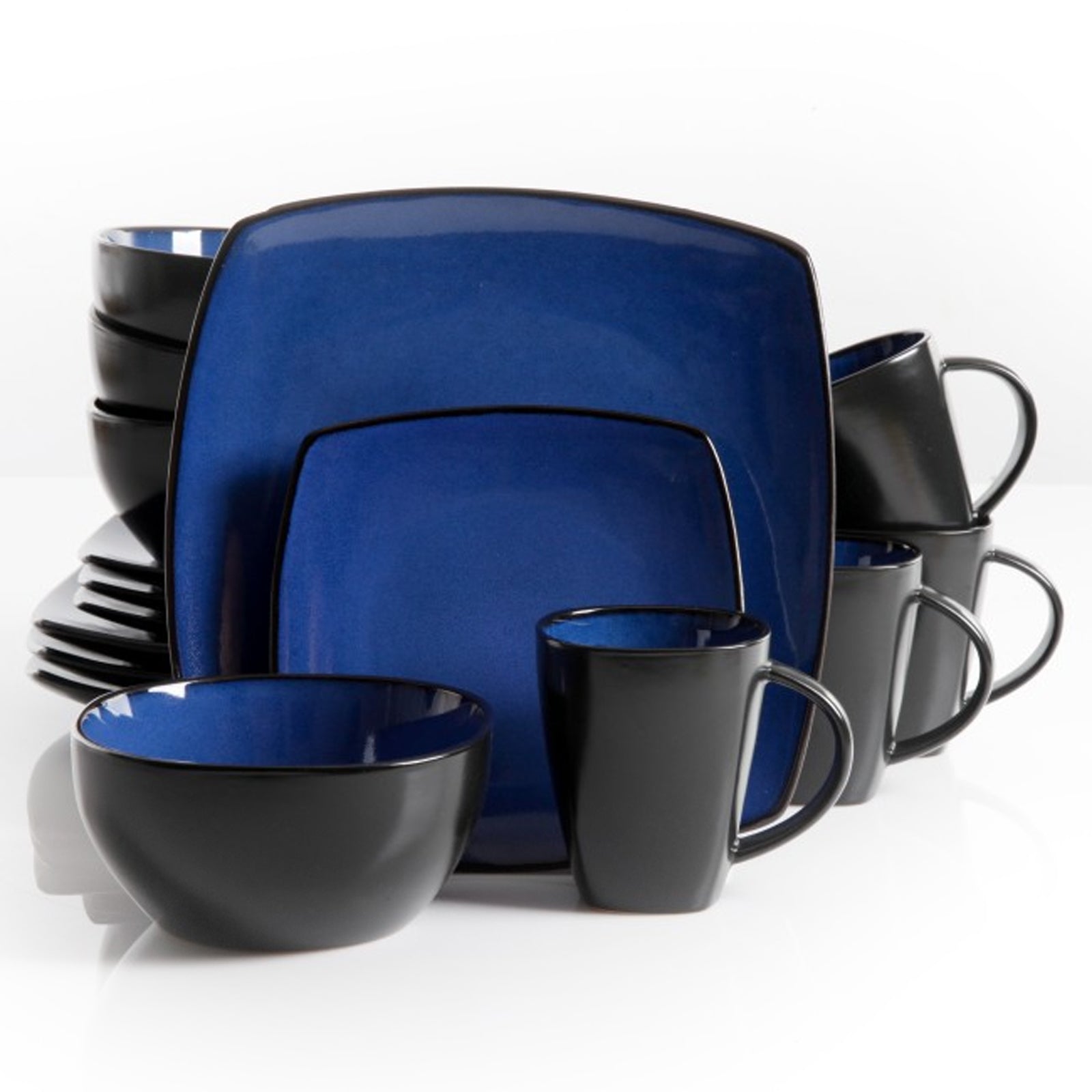 Gibson Soho Lounge 16 Piece Square Stoneware Dinnerware Set in Blue and Black LuxuryLifeWay Online Store