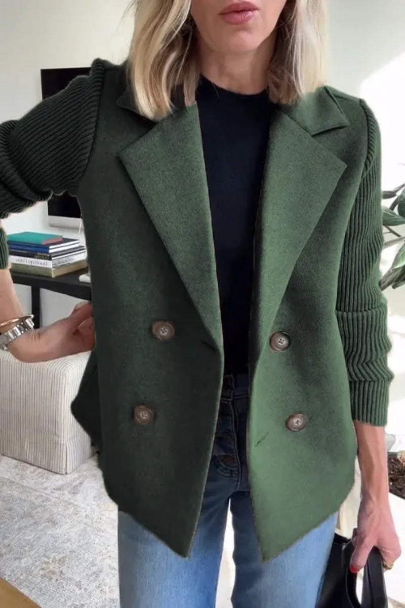 Double Breasted Lapel Jacket Fashion Knitted Sleeves Splicing Design Coat Outerwear Women's Clothing Best YouTube Store