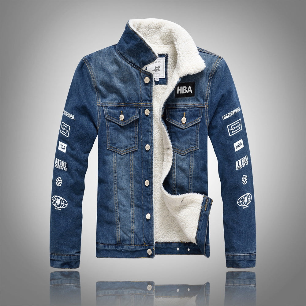 Trendy Slim-Fit Thick Denim Jacket in Lamb Velvet Pi-Mart