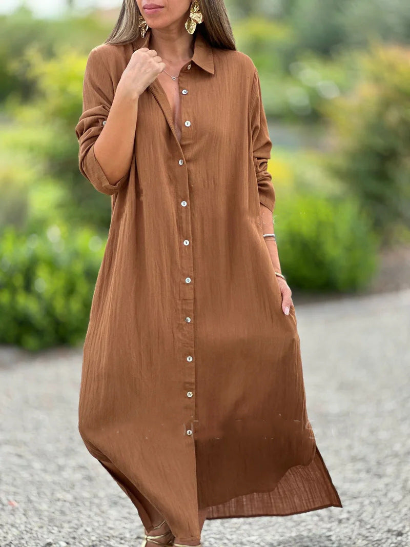 2026 Women's Dress, Cotton And Linen Shirt, Long Skirt, Fashionable Casual Long Sleeved Cardigan Dress NorixaFashion.com