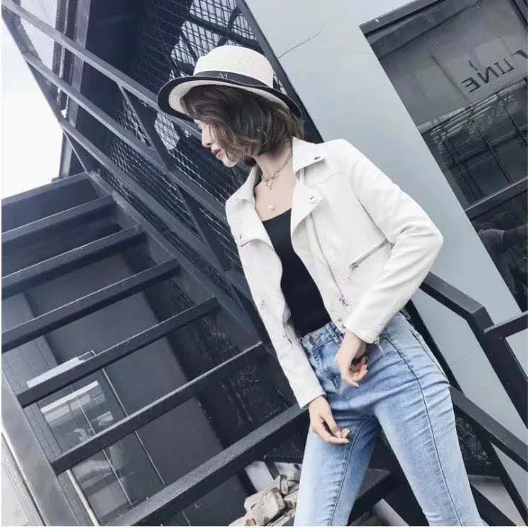Motorcycle Leather Women's Short Slim Fit Plus Size Washed Leather Jacket LadyShow.Store