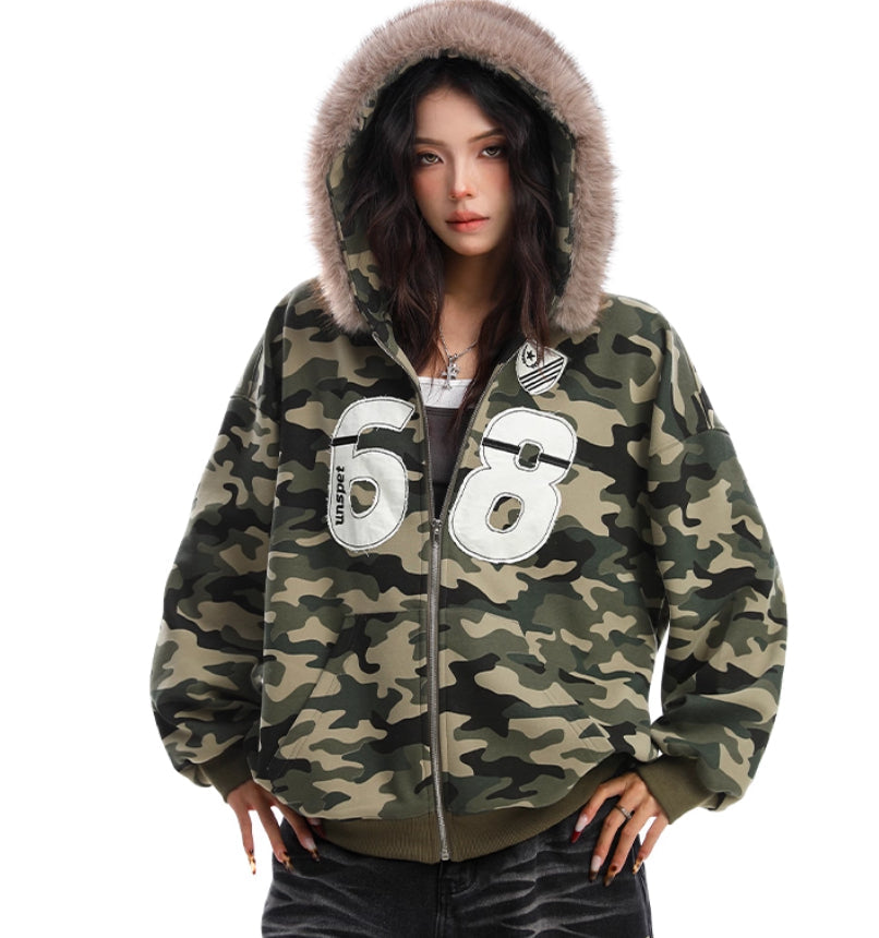 Camouflage Fur Collar Hooded Sweater Best YouTube Store