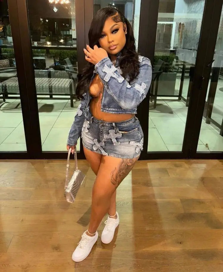 Denim Embroidered Skirt & Jacket Set Pi-Mart