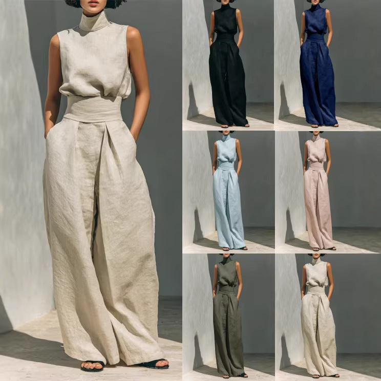Casual Sleeveless Suit Summer Stand-up Collar Pullover Top And Loose Straight-leg Trousers Women's Clothing LadyShow.Store