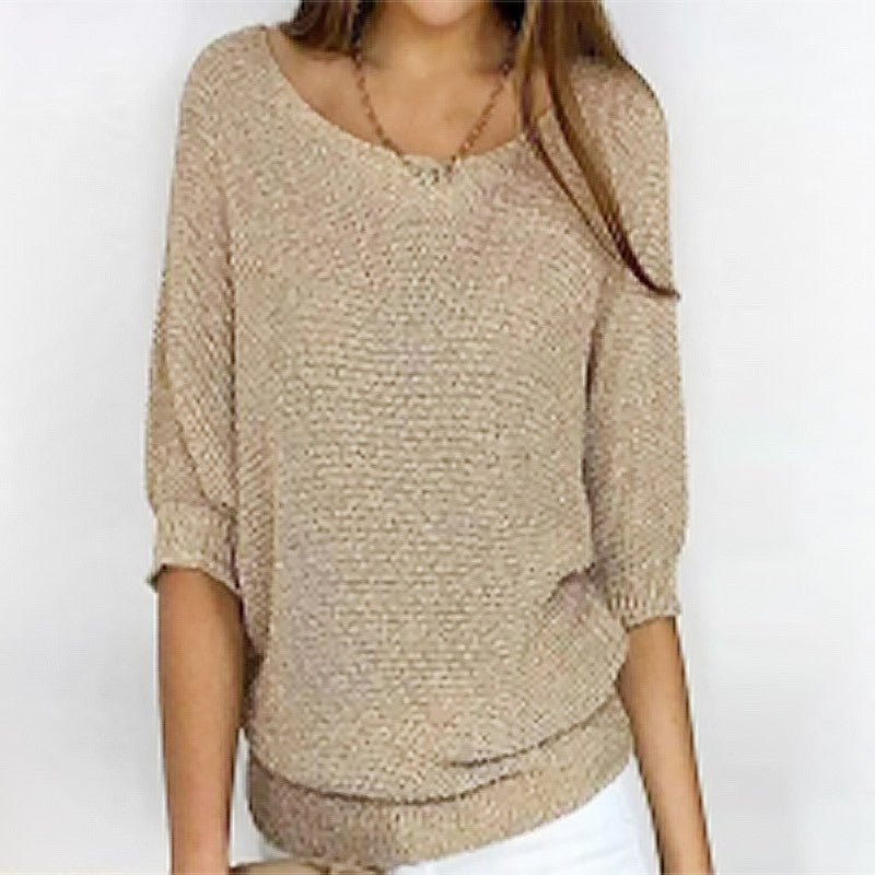 Three-quarter Sleeve Pullover Sweater Fashion Solid Color Loose Round Neck Knitted Top For Women Clothing NorixaFashion.com