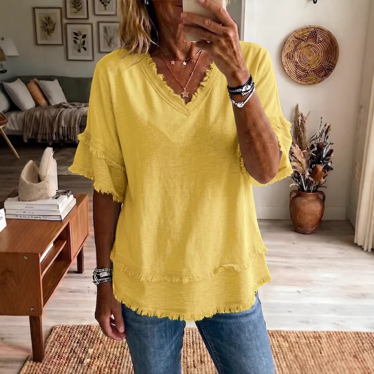 Casual Women's Shirt V-Neck Short Sleeve Loose Fit Pure Color Summer Fashion Trend Pullover Tops For Daily Wear LadyShow.Store