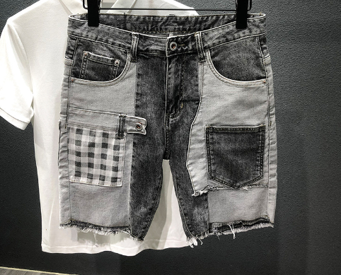 Summer Gray Denim Patchwork Plaid Hip-Hop Shorts Pi-Mart