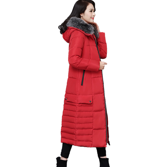 Hooded Padded Jacket with Fur Collar and Color Block Pi-Mart