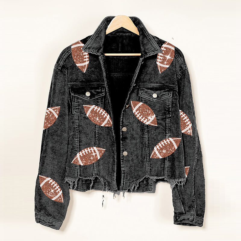 Fashion Corduroy Jacket Fashion Rugby Print Baseball Jacket Autumn And Winter Tops Clothes For Women CJD
