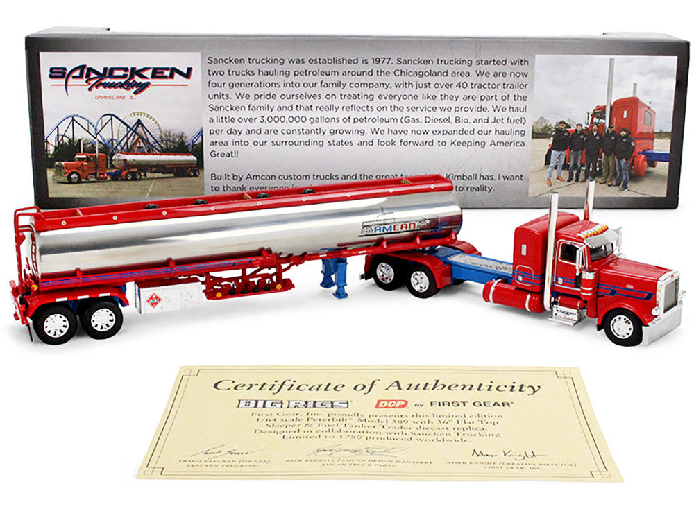 Peterbilt 389 with 36" Flat Top Sleeper and Heil Fuel Tank Trailer "Sancken Custom Truck by Amcan" Red "Big Rigs" Series II #3 1/64 Diecast Model by DCP/First Gear LuxuryLifeWay Online Store