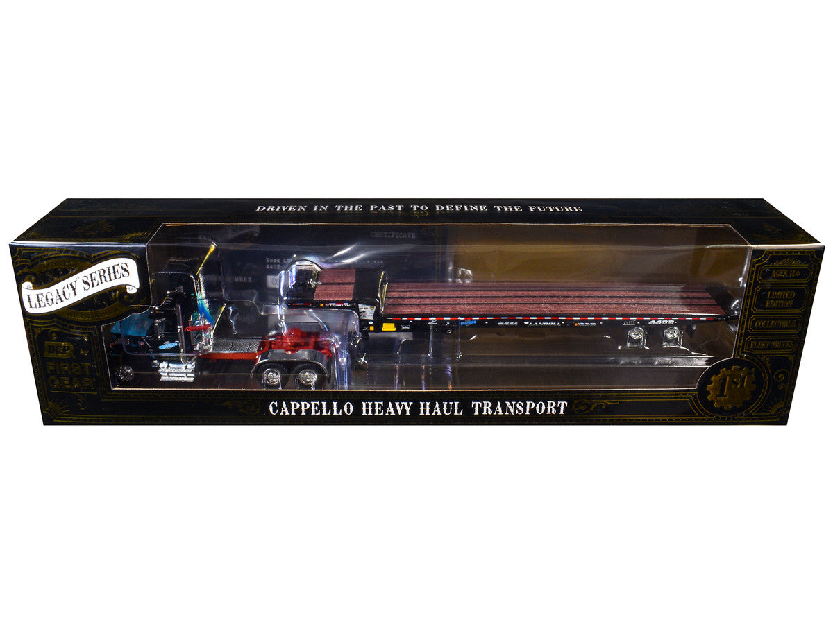 Ford LTL 9000 Day Cab and Landoll 440B-50CA Traveling Axle Trailer "Cappello Heavy Transport" Black with Blue Hood "Legacy" Series #3 1/64 Diecast Model by DCP/First Gear LuxuryLifeWay Online Store
