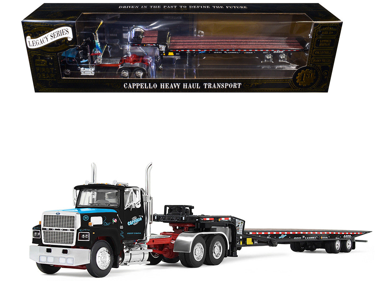 Ford LTL 9000 Day Cab and Landoll 440B-50CA Traveling Axle Trailer "Cappello Heavy Transport" Black with Blue Hood "Legacy" Series #3 1/64 Diecast Model by DCP/First Gear LuxuryLifeWay Online Store