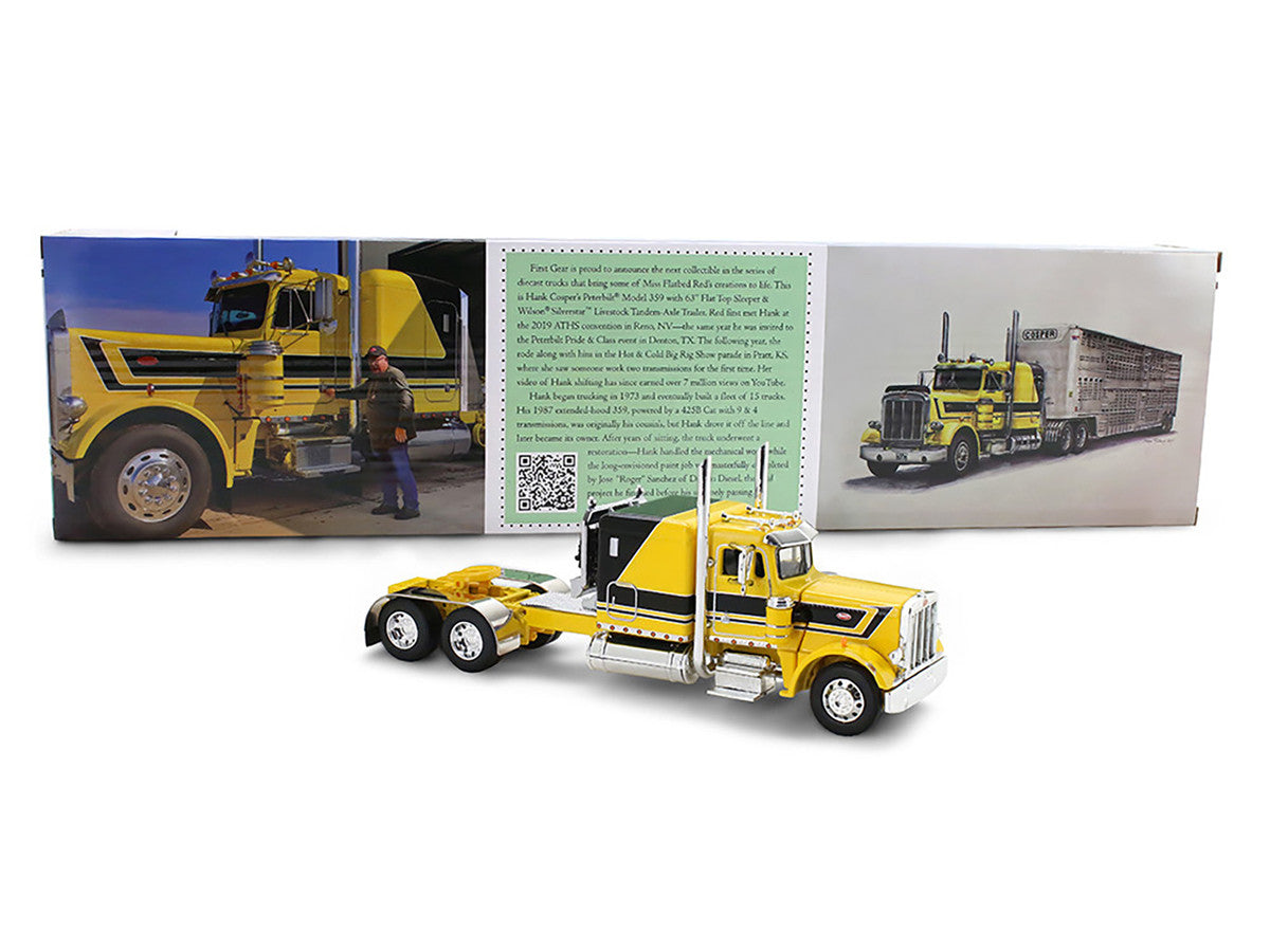 Peterbilt 359 with 63" Flat Top Sleeper & Wilson Silverstar Livestock Trailer "Red's Favorites - Hank Cosper" Yellow with Black Stripes 1/64 Diecast Model by DCP/First Gear LuxuryLifeWay Online Store