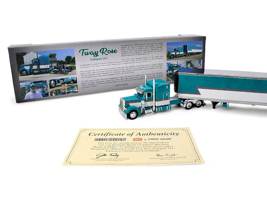 Peterbilt 379 with 63" Mid-Roof Sleeper and 53' Utility Trailer with Reefer "Tway Rose Transport" Teal and White with Stripes "Big Rigs" Series II #5 1/64 Diecast Model by DCP/First Gear LuxuryLifeWay Online Store